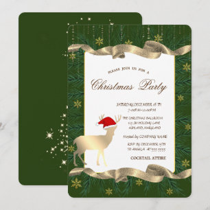 Gold Deer Santa Hat,Branches Green Christmas Party Invitation