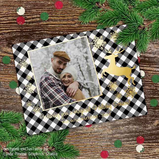Gold Deer & Snowflakes Black White Plaid Pattern Foil Holiday Postcard (Creator Uploaded)