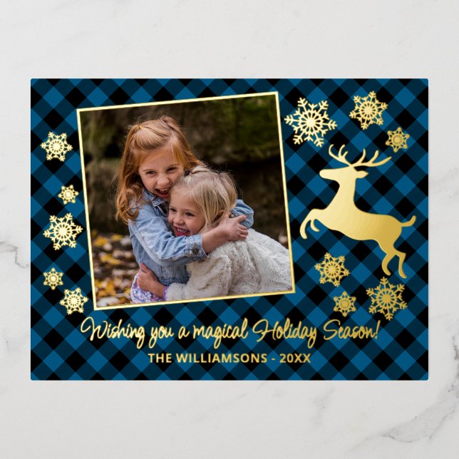 Gold Deer & Snowflakes On Blue Black Plaid Pattern Foil Holiday Postcard (Front)
