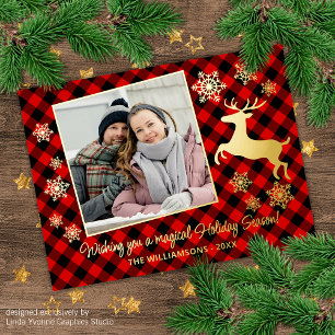 Gold Deer & Snowflakes On Red Black Plaid Pattern Foil Holiday Postcard