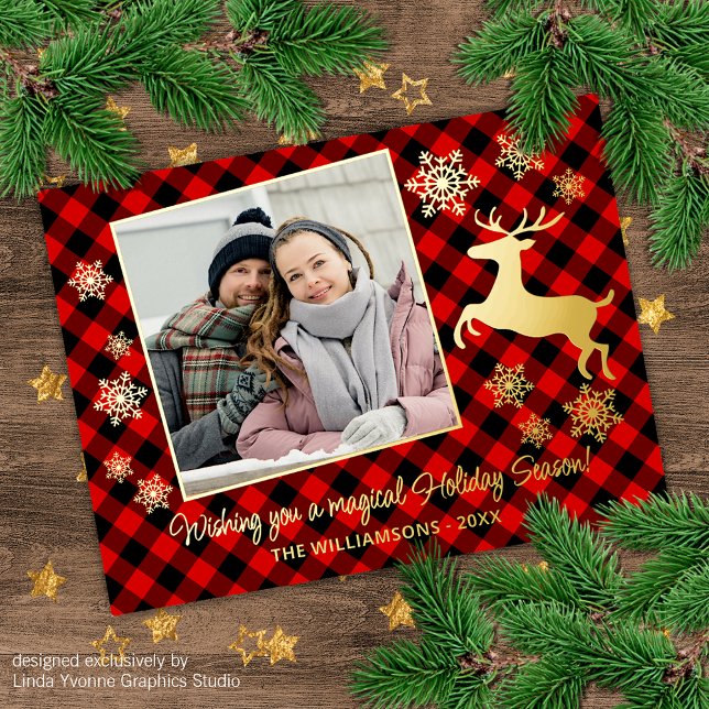 Gold Deer & Snowflakes On Red Black Plaid Pattern Foil Holiday Postcard (Creator Uploaded)