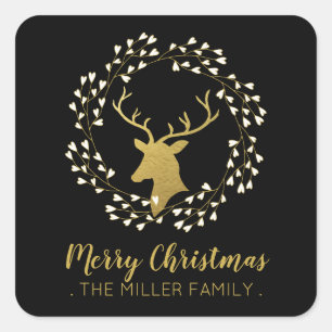 Gold Deer & Wreath   Christmas Holiday Sticker