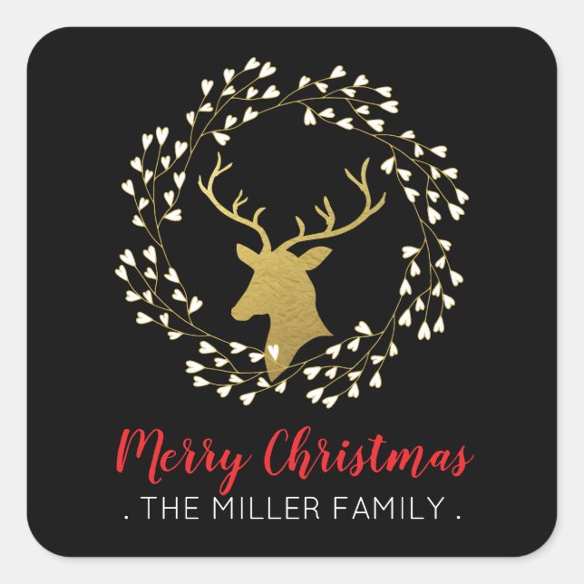 Gold Deer & Wreath | Christmas Holiday Sticker (Front)
