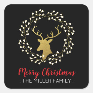Gold Deer & Wreath   Christmas Holiday Sticker