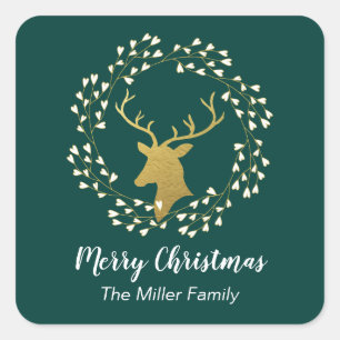 Gold Deer & Wreath   Christmas Holiday Sticker