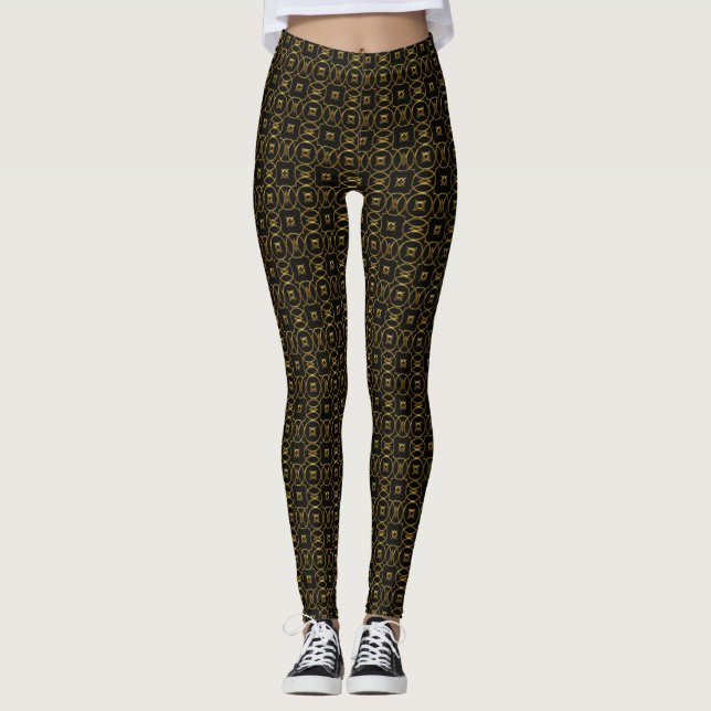 Gold Design on Black Dressy Print Leggings (Front)