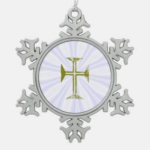 Gold Destroyed-Look Byzantine Cross on White Rays Snowflake Pewter Christmas Ornament