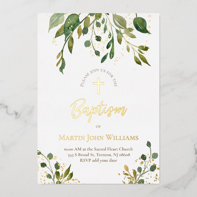 gold details watercolor greenery Baptism (Front)