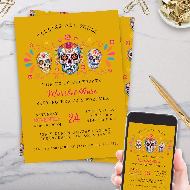 Gold Dia de los Muertos Skull Birthday Party Invitation (gold dia de los muertos day of the dead party invitations with personalized text for any occasion)