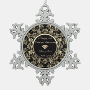Gold  Diamond 10th Wedding Anniversary Snowflake Pewter Christmas Ornament