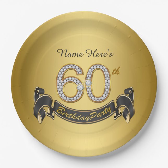 Gold Diamond 60th Birthday Party Paper Plate (Front)