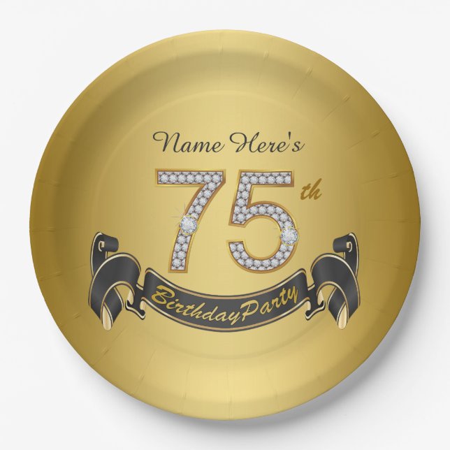 Gold Diamond 75th Birthday Party Paper Plate (Front)