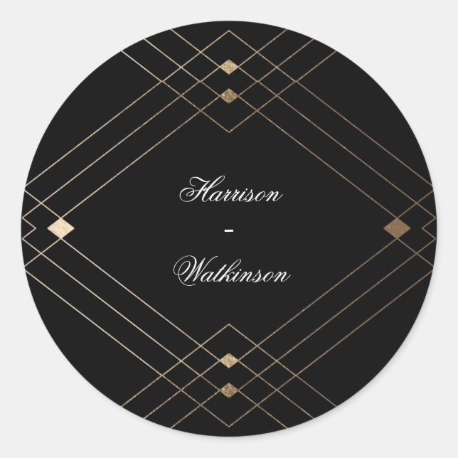 Gold Diamond Black Geometric Deco Gatsby Wedding Classic Round Sticker (Front)
