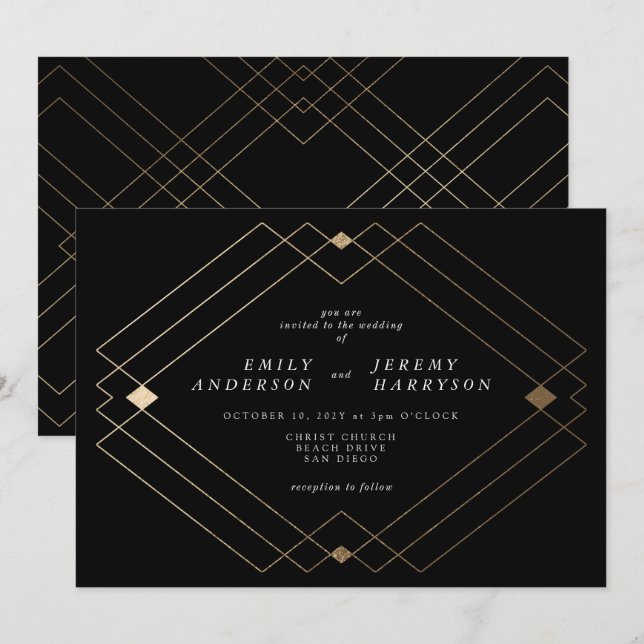 Gold Diamond Black Geometric Deco Gatsby Wedding Invitation (Front/Back)