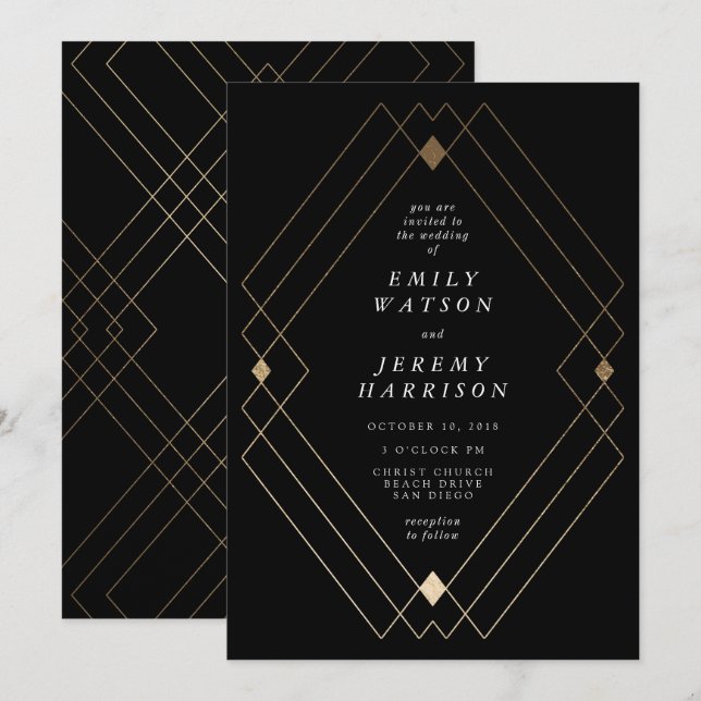 Gold Diamond Black Geometric Deco Gatsby Wedding Invitation (Front/Back)