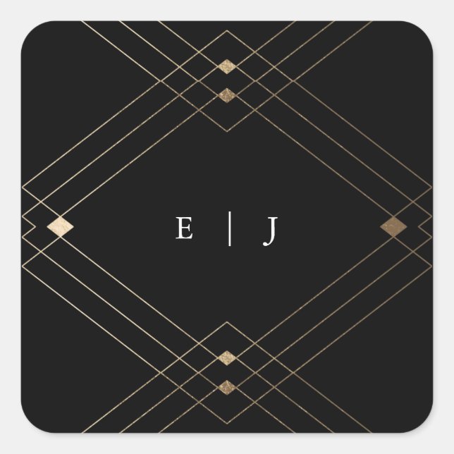 Gold Diamond Black Geometric Deco Gatsby Wedding Square Sticker (Front)