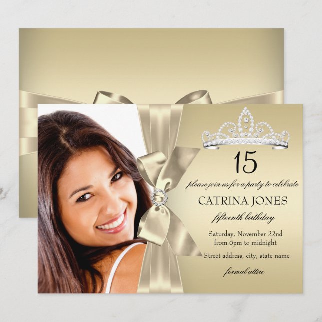 Gold Diamond Bow & Tiara Quinceanera Invite (Front/Back)