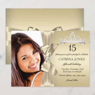 Gold Diamond Bow & Tiara Quinceanera Invite