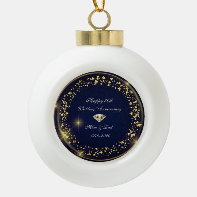 Gold Diamond Confetti 50th Wedding Anniversary Ceramic Ball Christmas Ornament (Front)
