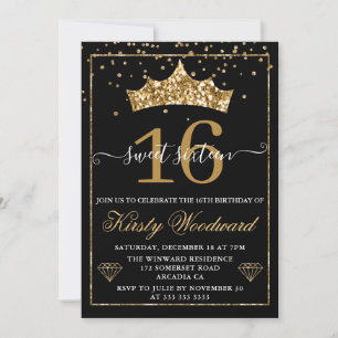 Gold Diamond Confetti Tiara Sweet 16 Invitation