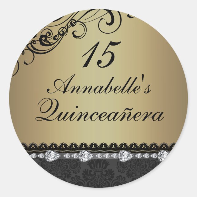 Gold Diamond & Damask Quinceanera Sticker (Front)
