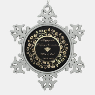 Gold  Diamond,Floral 10th Wedding Anniversary Snowflake Pewter Christmas Ornament