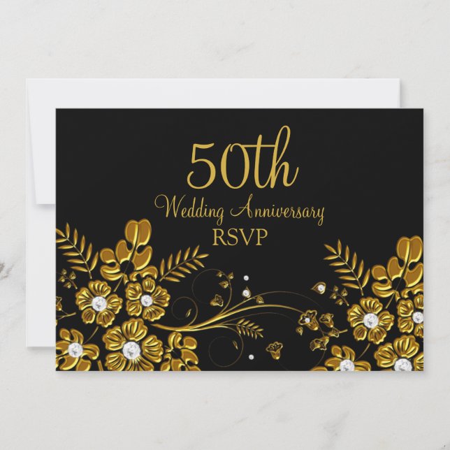Gold Diamond Floral Swirl 50th Anniversary RSVP Invitation (Front)