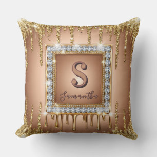 Gold Diamond Frame Monogram Square Glitter Cushion