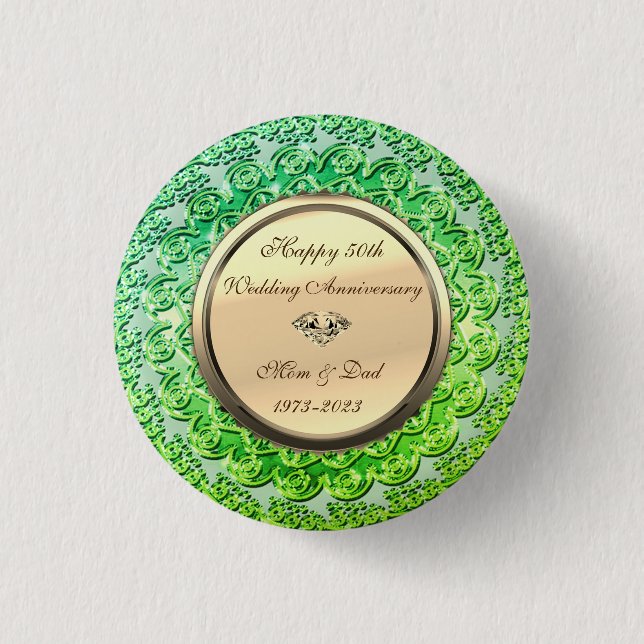Gold Diamond Green 50th Wedding Anniversary Button (Front)