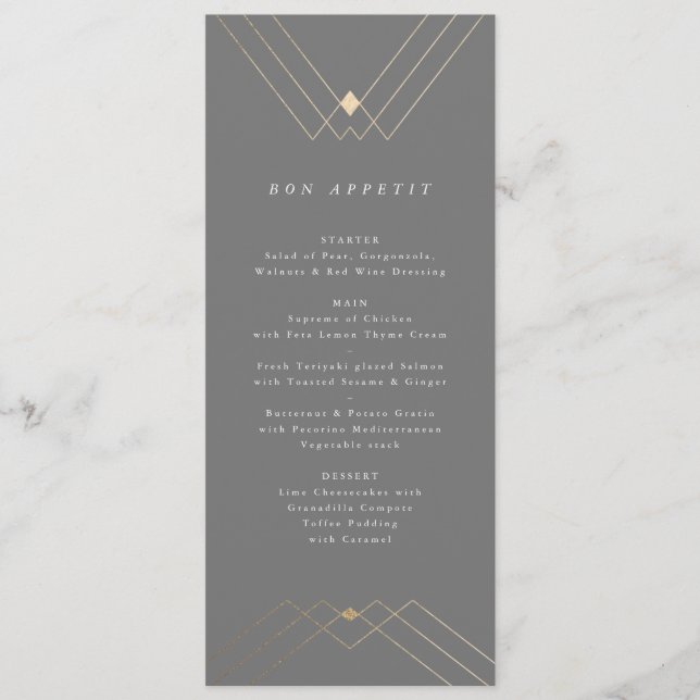Gold Diamond Grey Geometric Deco Gatsby Menu (Front)