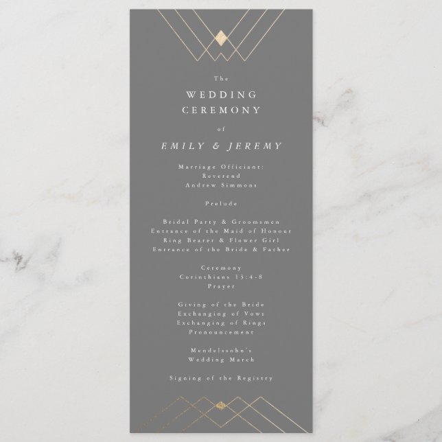 Gold Diamond Grey Geometric Deco Gatsby Wedding Programme (Front)