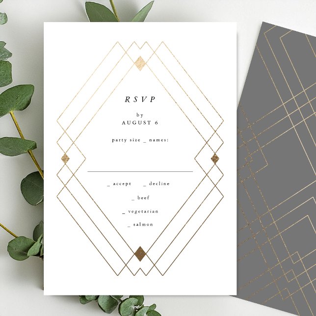 Gold Diamond Grey Geometric Deco Gatsby Wedding RSVP Card (Creator Uploaded)