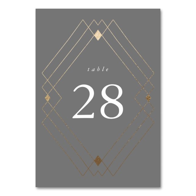 Gold Diamond Grey Geometric Deco Gatsby Wedding Table Number (Front)
