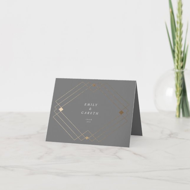 Gold Diamond Grey Geometric Deco Gatsby Wedding Thank You Card (Front)