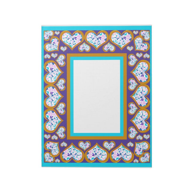 Gold Diamond Hearts Border Aqua & Blue Violet Notepad (Rotated)