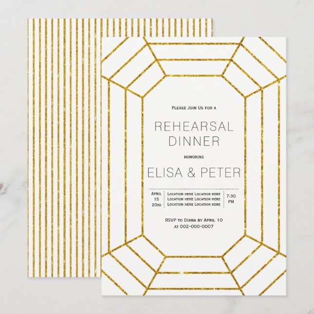 Gold diamond jewel wedding rehearsal dinner invitation (Front/Back)