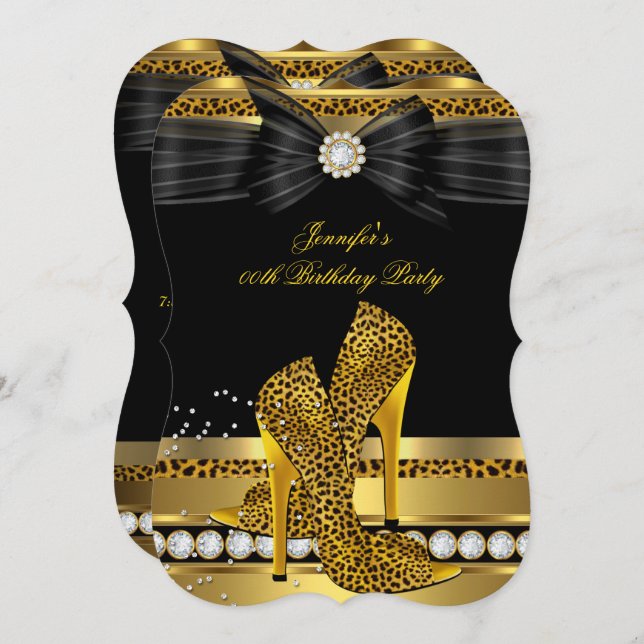 Gold Diamond Leopard High Heels Birthday Party Invitation (Front/Back)