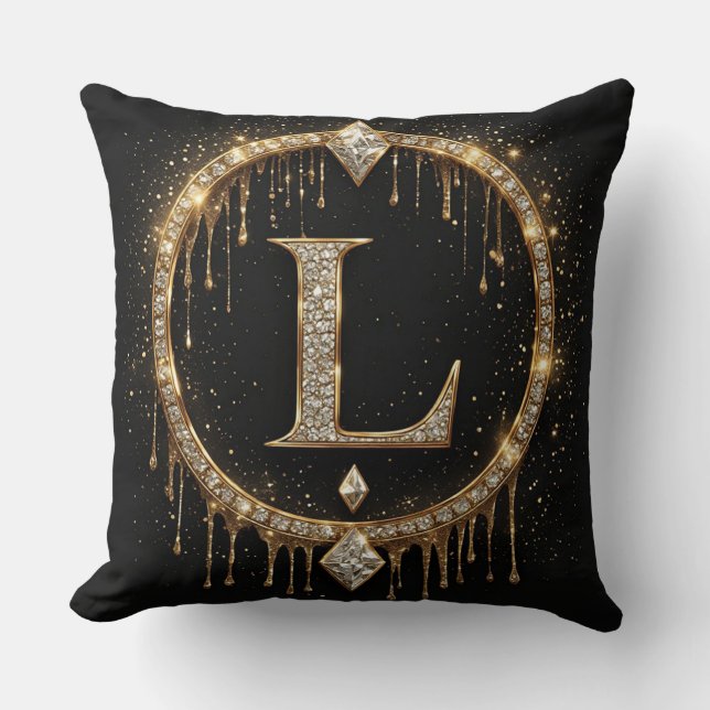 Gold Diamond Letter L Monogram Personal Initial  Cushion (Front)