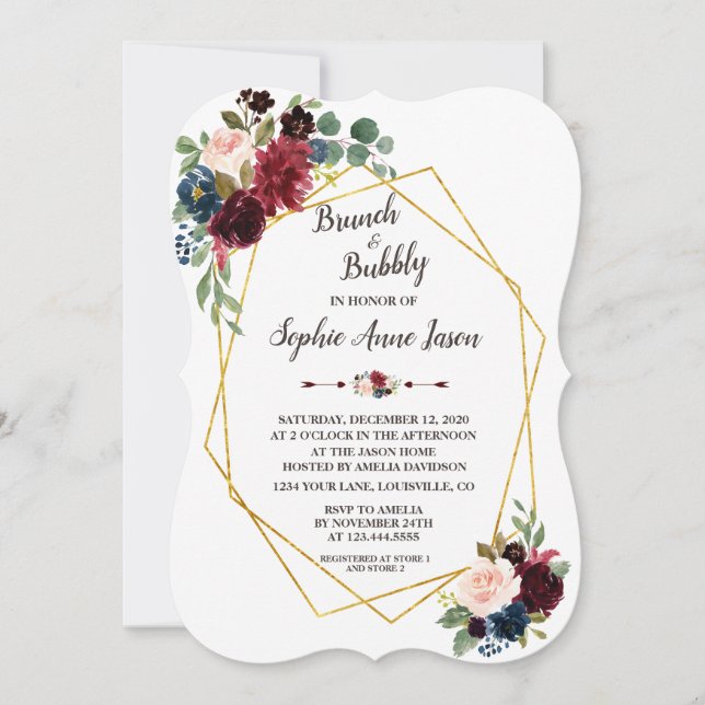 Gold Diamond Merlot Navy Blue Floral Bridal Shower Invitation (Front)