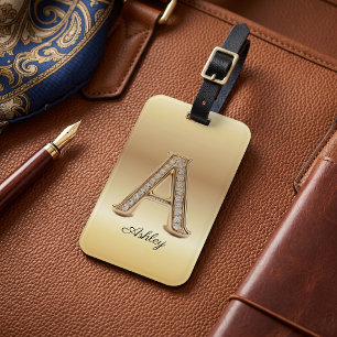 Gold Diamond Monogram Glam Initial Letter A Luggage Tag
