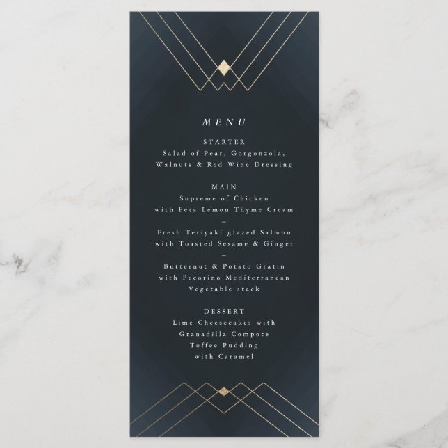 Gold Diamond Navy Geometric Deco Gatsby Menu (Front)