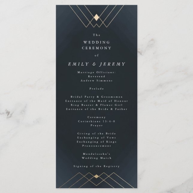 Gold Diamond Navy Geometric Deco Gatsby Wedding Programme (Front)