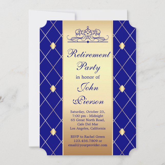 Gold diamond pattern on blue Retirement Party Invitation (Front)
