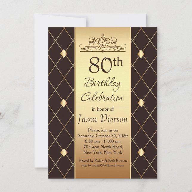 Gold diamond pattern on brown 80th Birthday Party Invitation (Front)