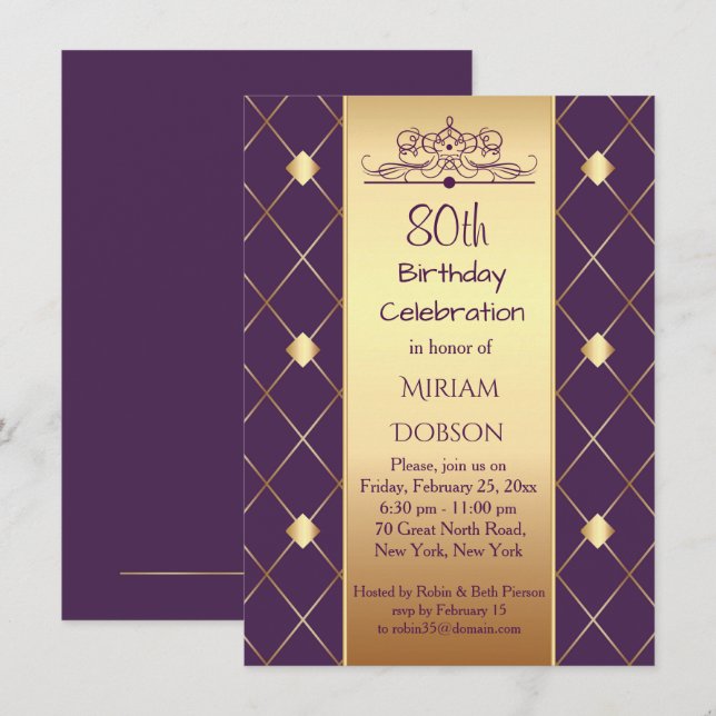 Gold diamond pattern on purple 80th Birthday Party Invitation (Front/Back)
