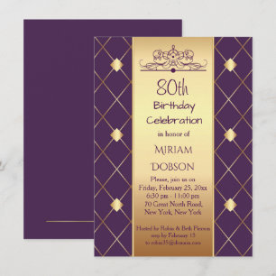 Gold diamond pattern on purple 80th Birthday Party Invitation