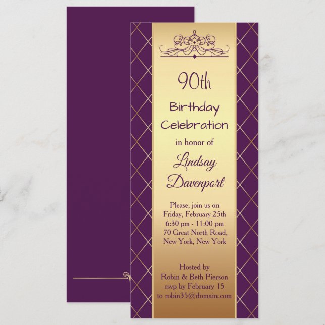 Gold diamond pattern on purple 90th Birthday Party Invitation (Front/Back)