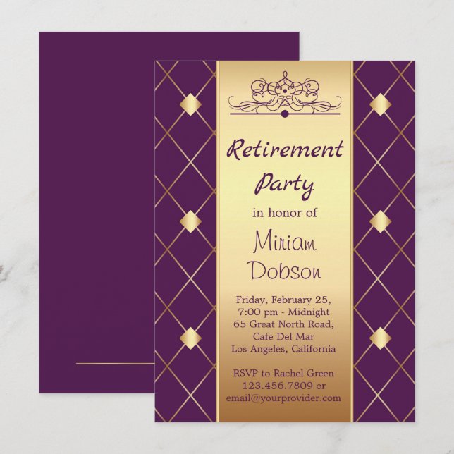 Gold diamond pattern on purple Retirement Party Invitation (Front/Back)