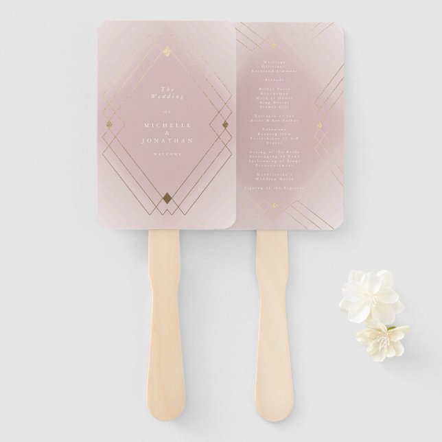 Gold Diamond Pink Geometric Deco Gatsby Wedding Hand Fan (Front and Back)