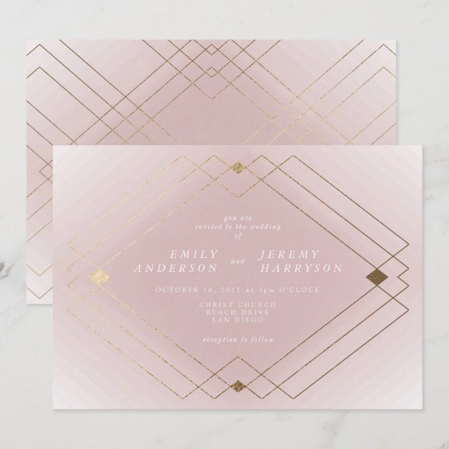 Gold Diamond Pink Geometric Deco Gatsby Wedding Invitation (Front/Back)